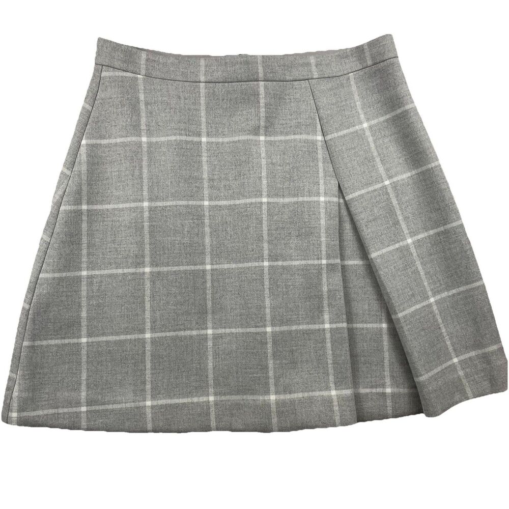 Loft Plaid Fleece Gray White Pleat Mini Skirt- 8